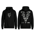 Black oversized v back graphic hoodie with bold white barbed wire and geometric designs for streetwear pullover