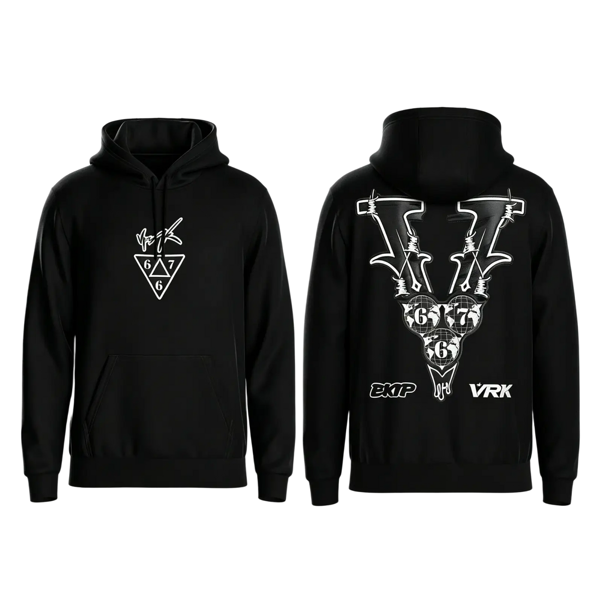 Black oversized v back graphic hoodie with bold white barbed wire and geometric designs for streetwear pullover