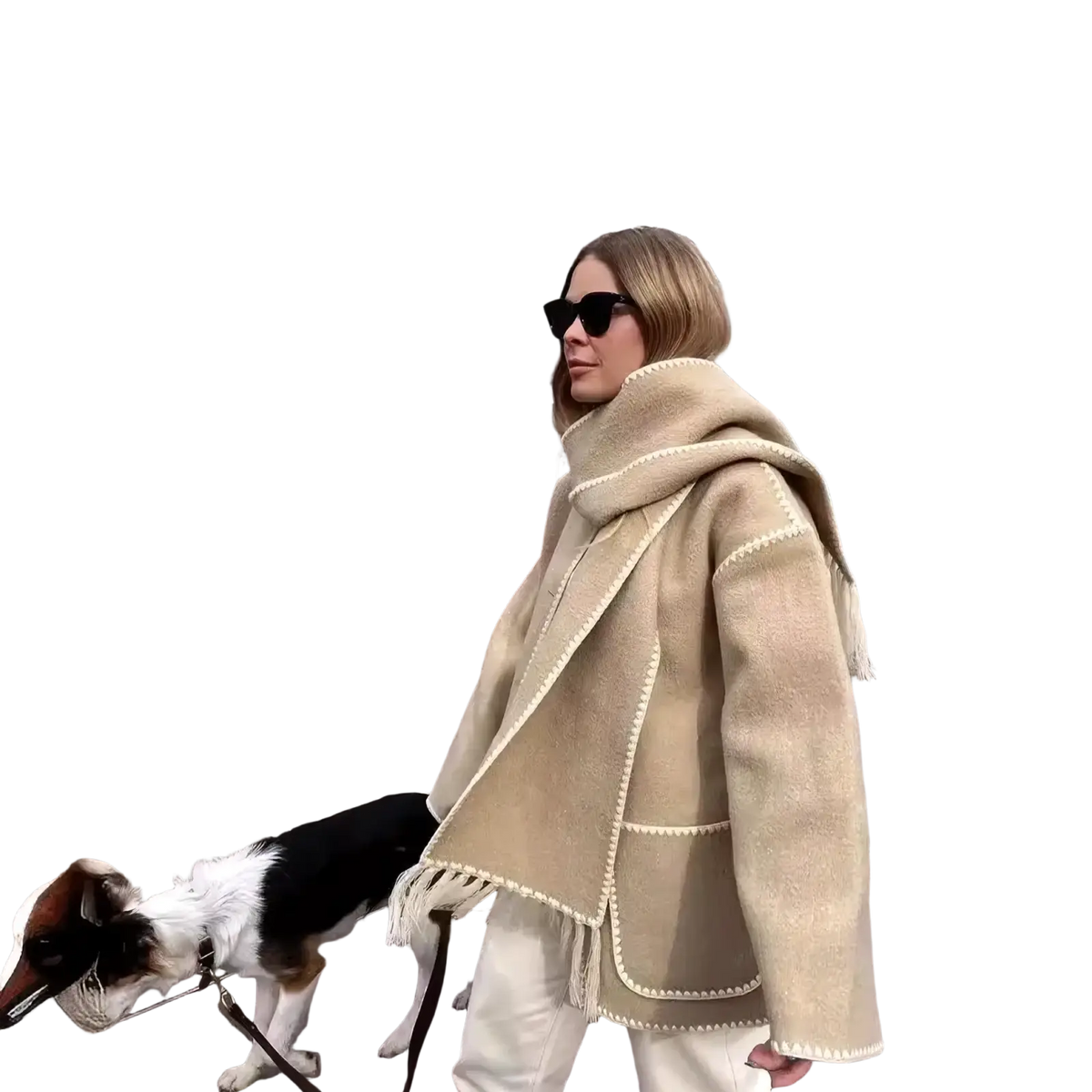 Beige oversized wool blend coat with textured fabric and decorative white fringe contrast trim on edges