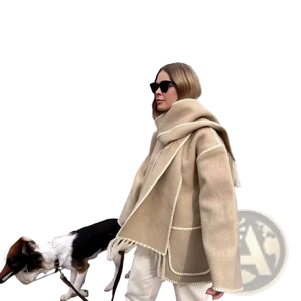 Beige oversized wool blend coat with textured fabric and decorative white fringe contrast trim on edges