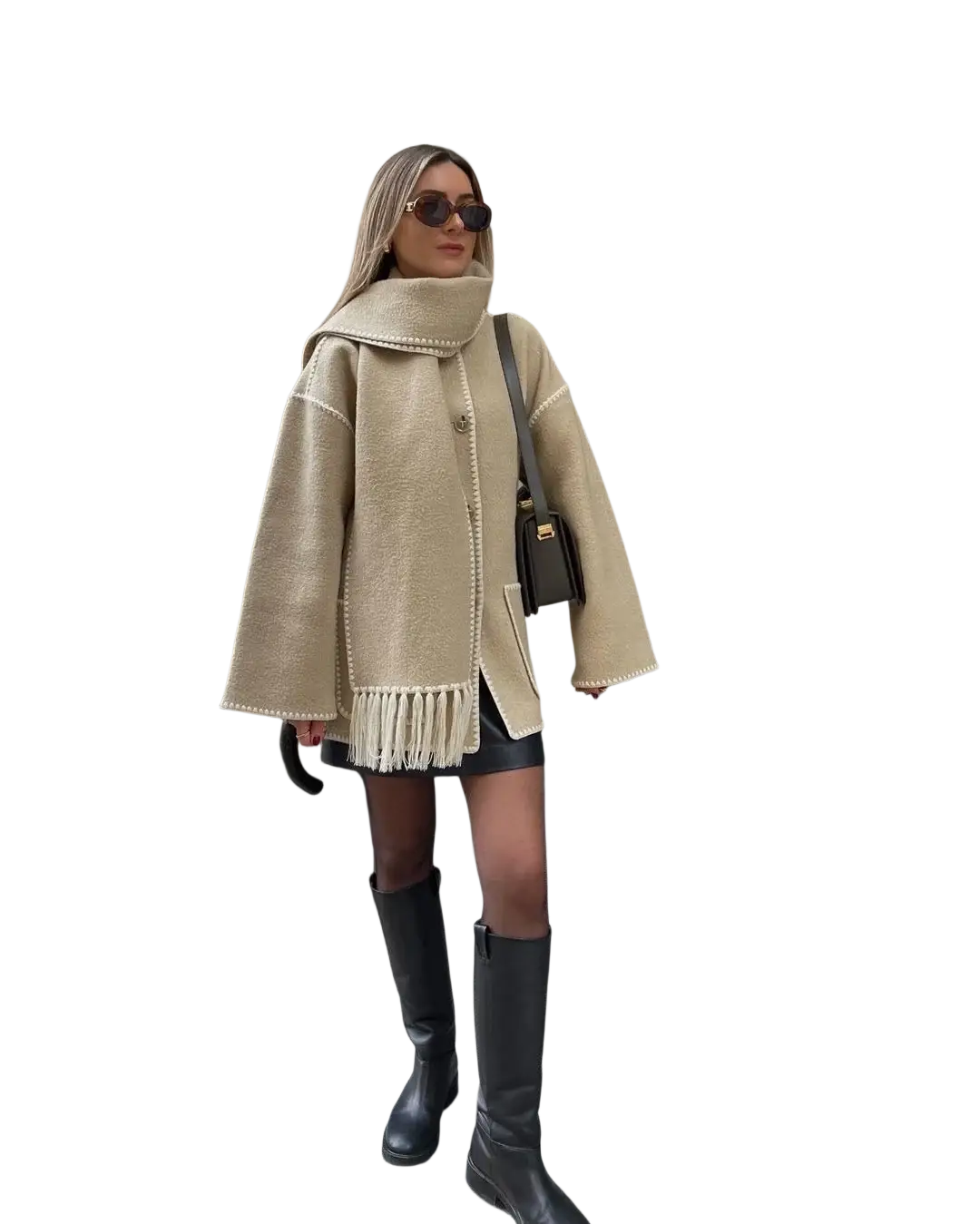 Oversized beige wool blend coat with button closure and fringed hem featuring contrast trim detail