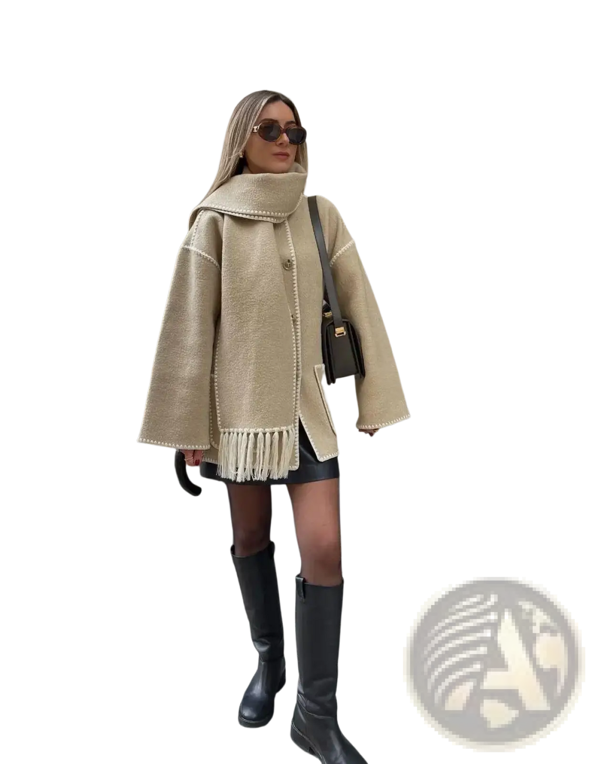 Beige oversized wool blend coat with wide collar and fringe detailing featuring contrast trim for stylish warmth