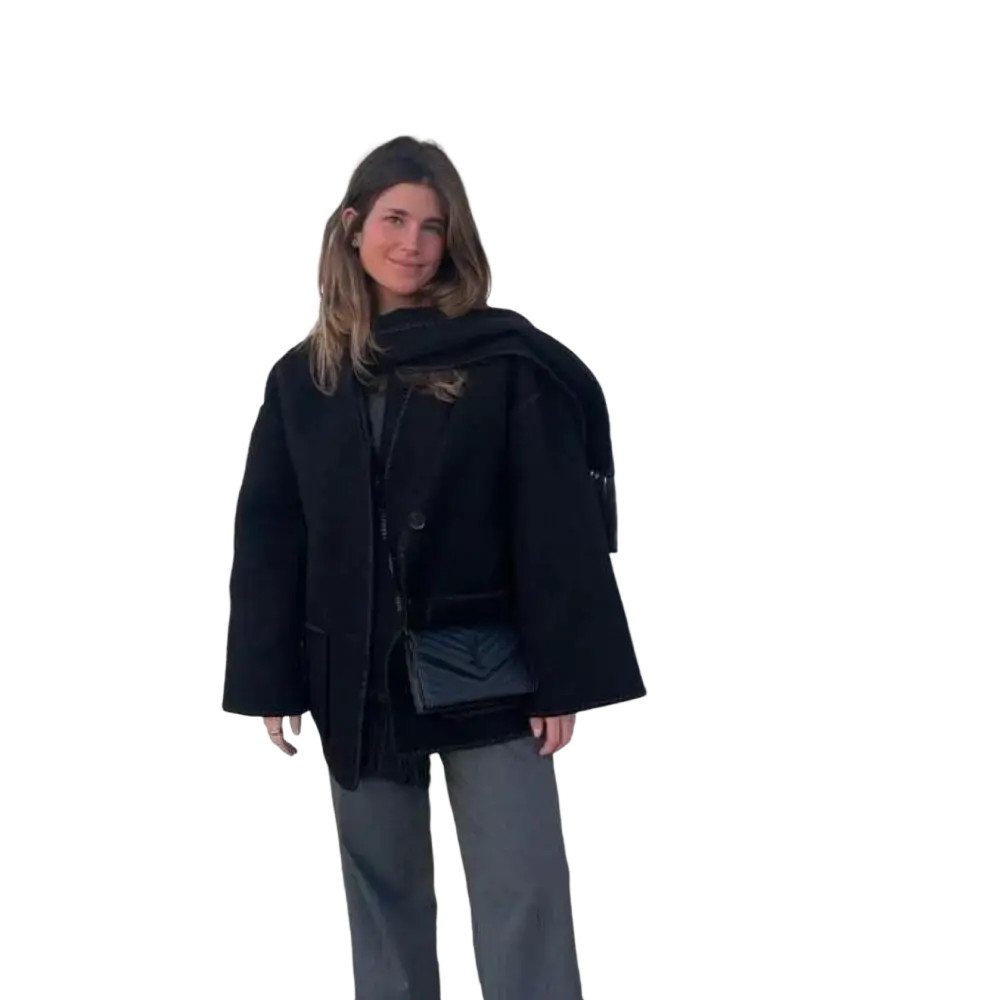 Black hugrich oversized wool blend coat with contrast trim featuring a relaxed silhouette and soft plush texture