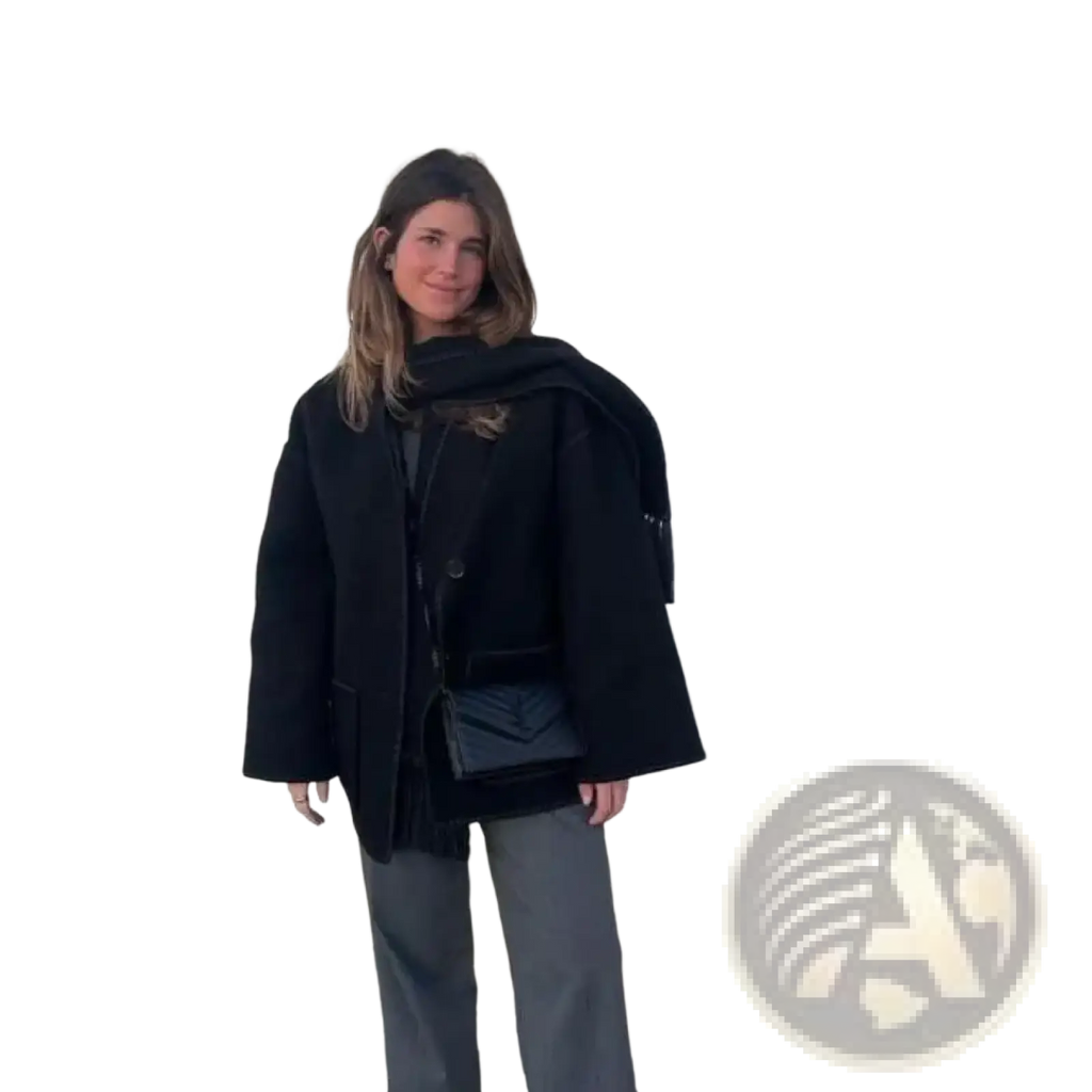 Black hugrich oversized wool blend coat with contrast trim featuring a relaxed silhouette and soft plush texture