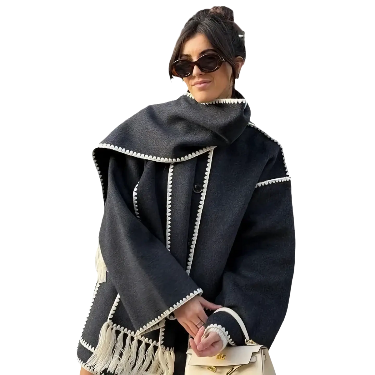 Dark gray woolen oversized poncho with white fringe and embroidered contrast trim for stylish outerwear