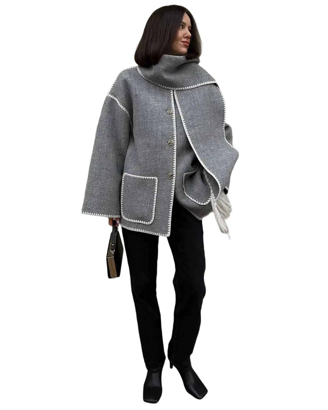 Oversized gray wool blend coat with white stitched trim and fringe detail shown from the back side