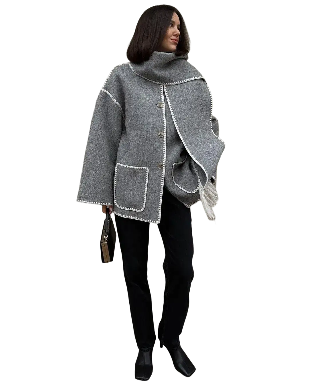 Oversized gray wool blend cape with white stitched trim and tassel detail visible from the back side