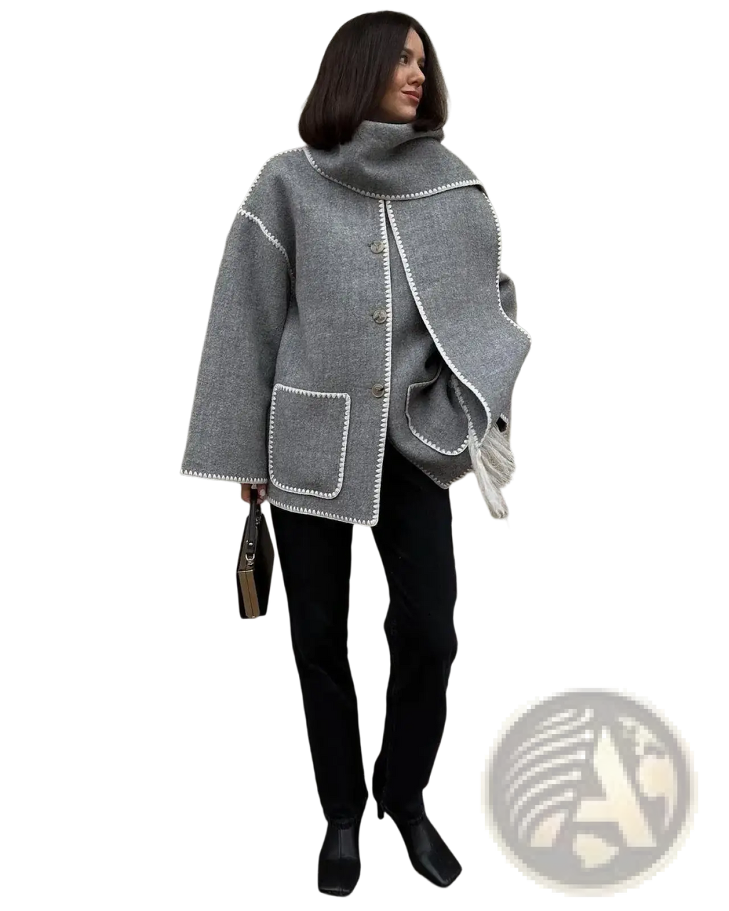 Oversized gray wool blend cape with white stitched trim and tassel detail visible from the back side