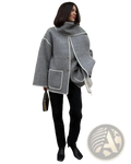 Oversized gray wool blend coat with white stitched trim and fringe detail shown from the back side