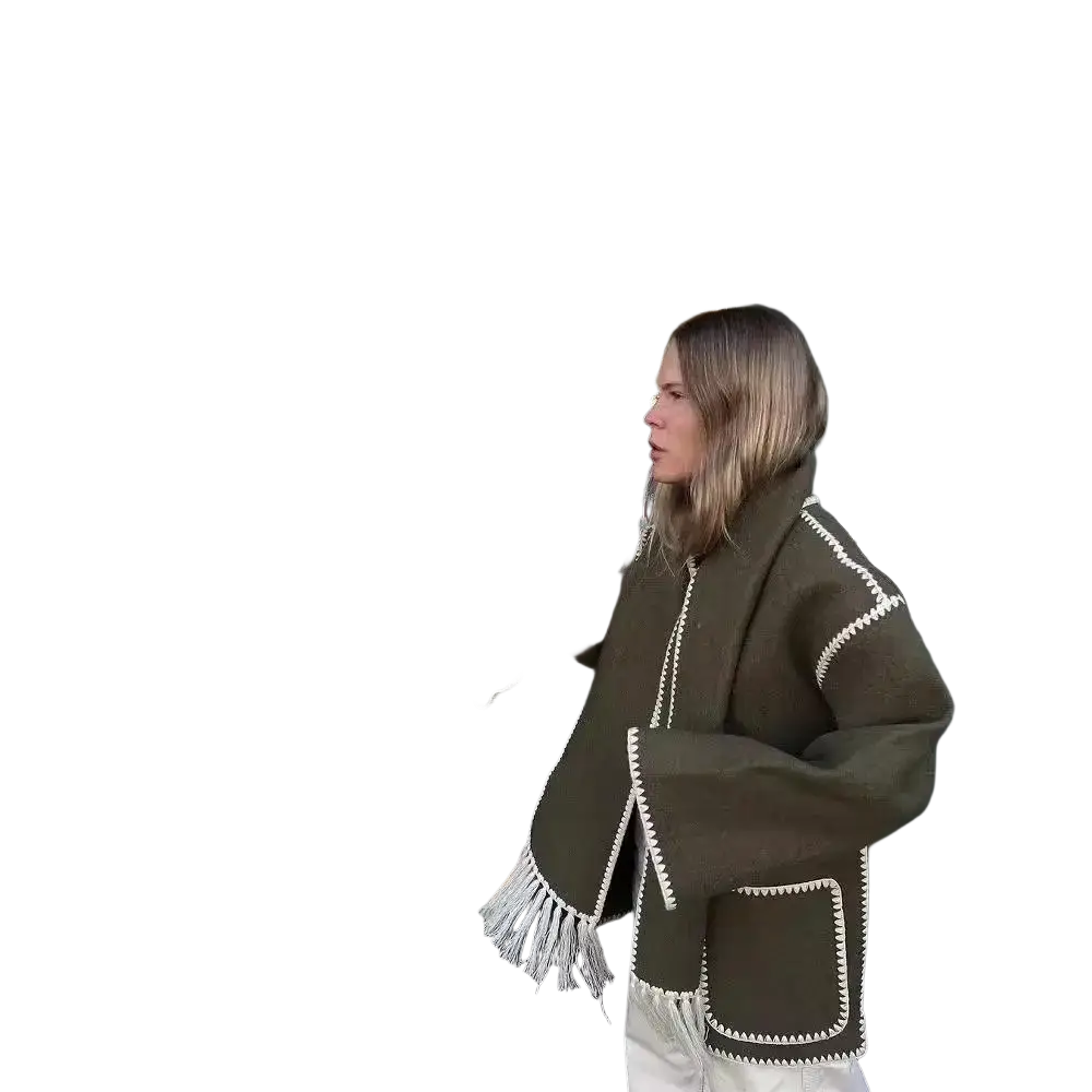 Olive green oversized wool blend coat with white fringe and stitched contrast trim displayed from the back side