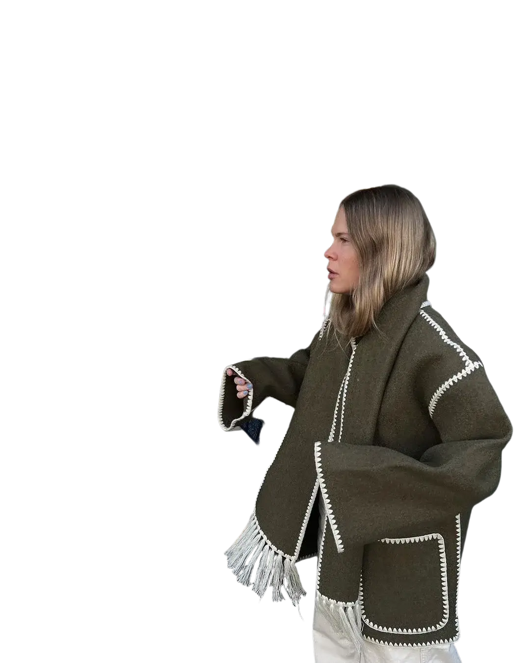 Olive green oversized wool blend coat with white stitched trim and fringe detailing for stylish outerwear
