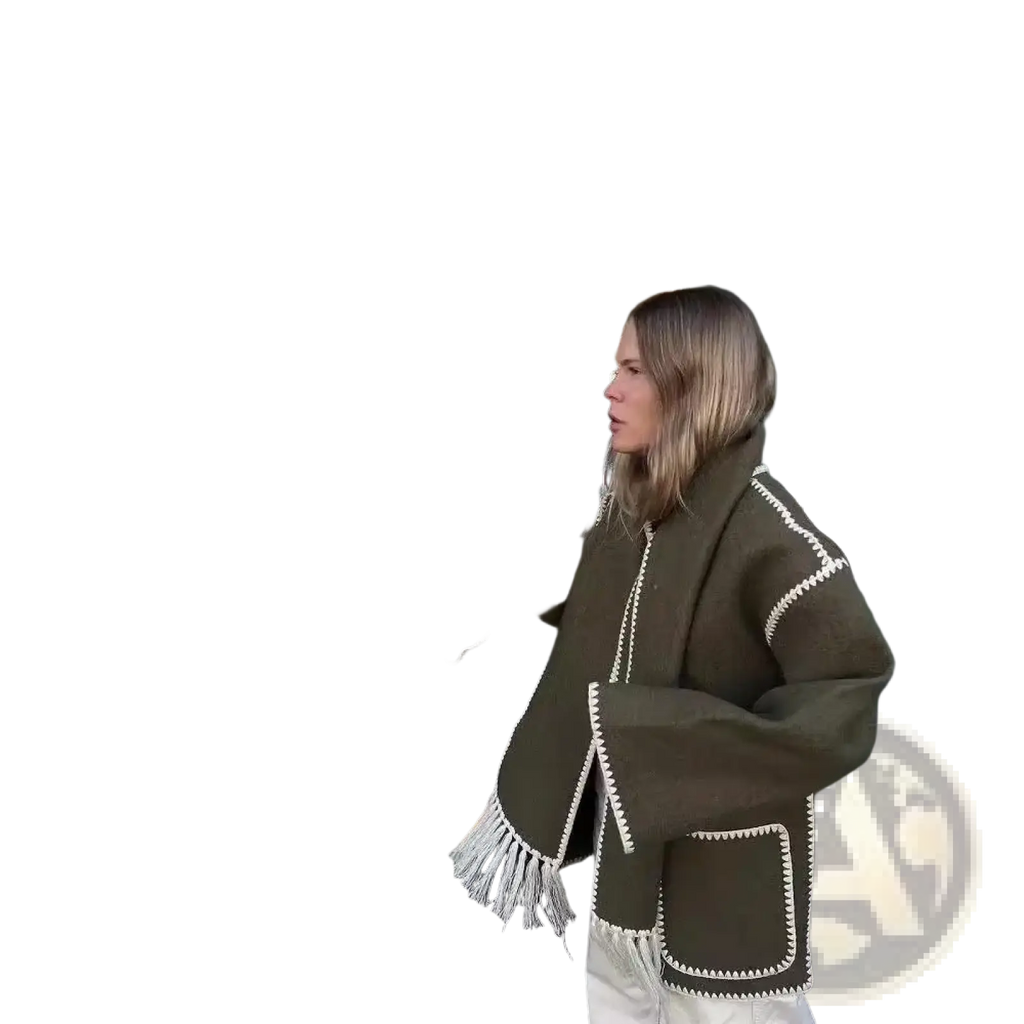 Olive green oversized wool blend coat with white fringe and stitched contrast trim displayed from the back side