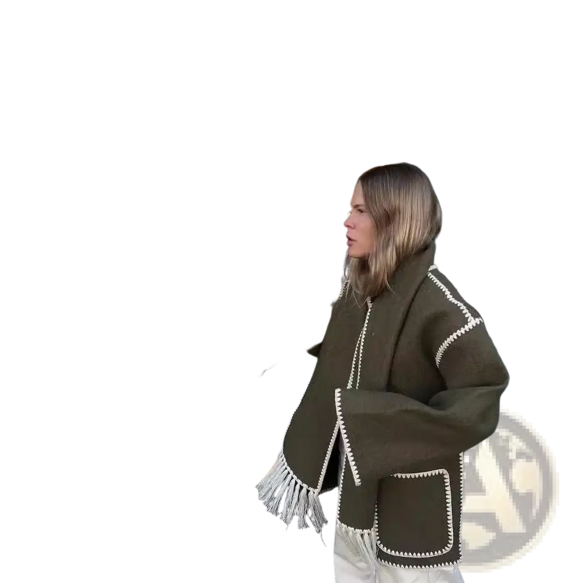 Olive green oversized wool blend coat with white fringe and stitched contrast trim displayed from the back side