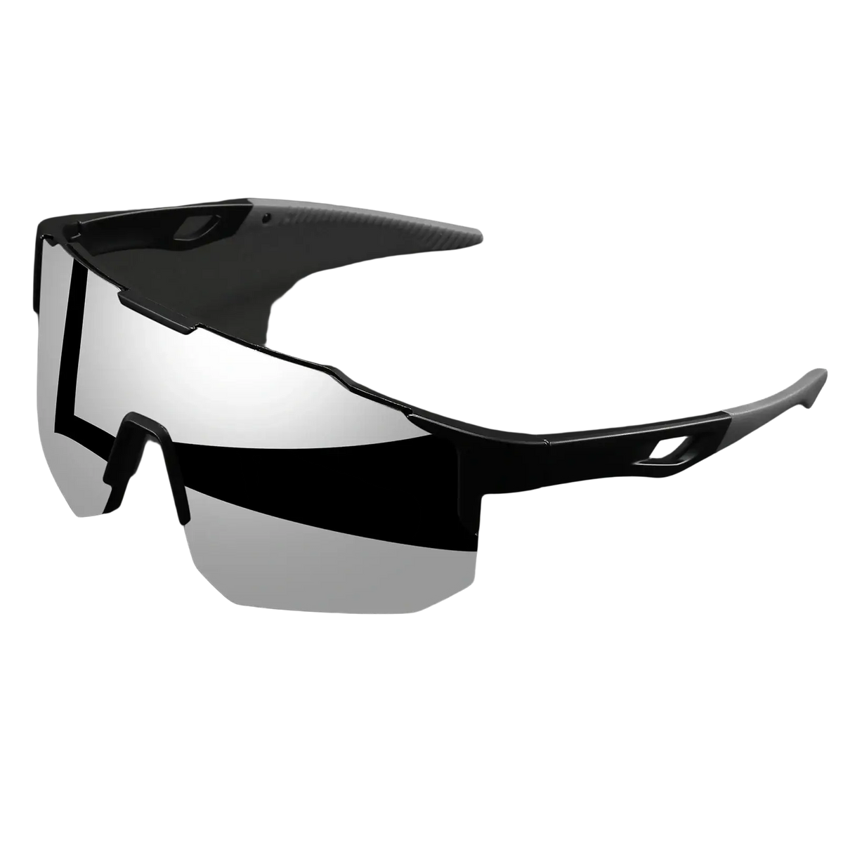 Black and gray oversized wraparound sports sunglasses with reflective silver lenses and unisex comfort fit uv400