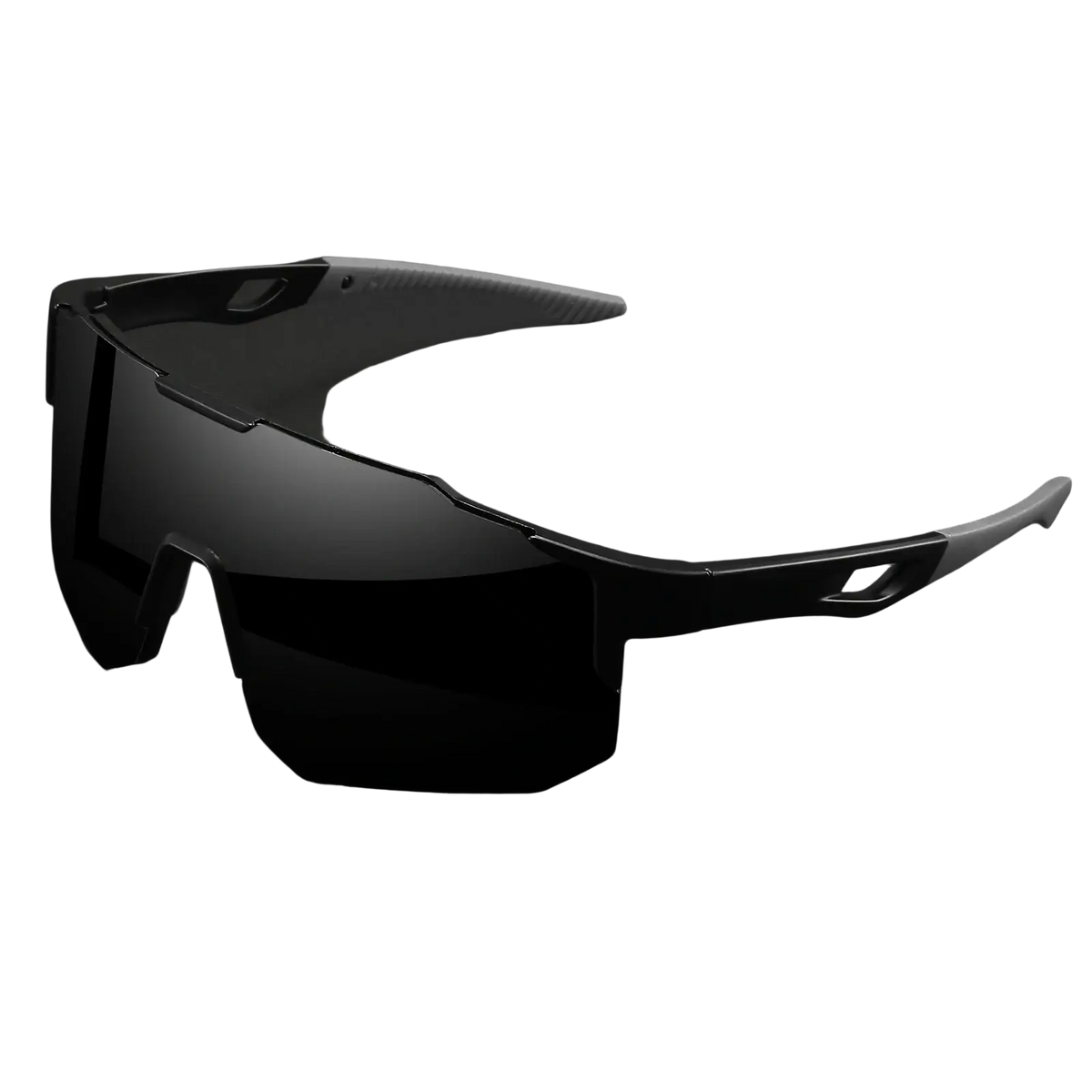 Black and gray oversized wraparound sports sunglasses with aerodynamic frame and unisex comfort fit uv400 protection