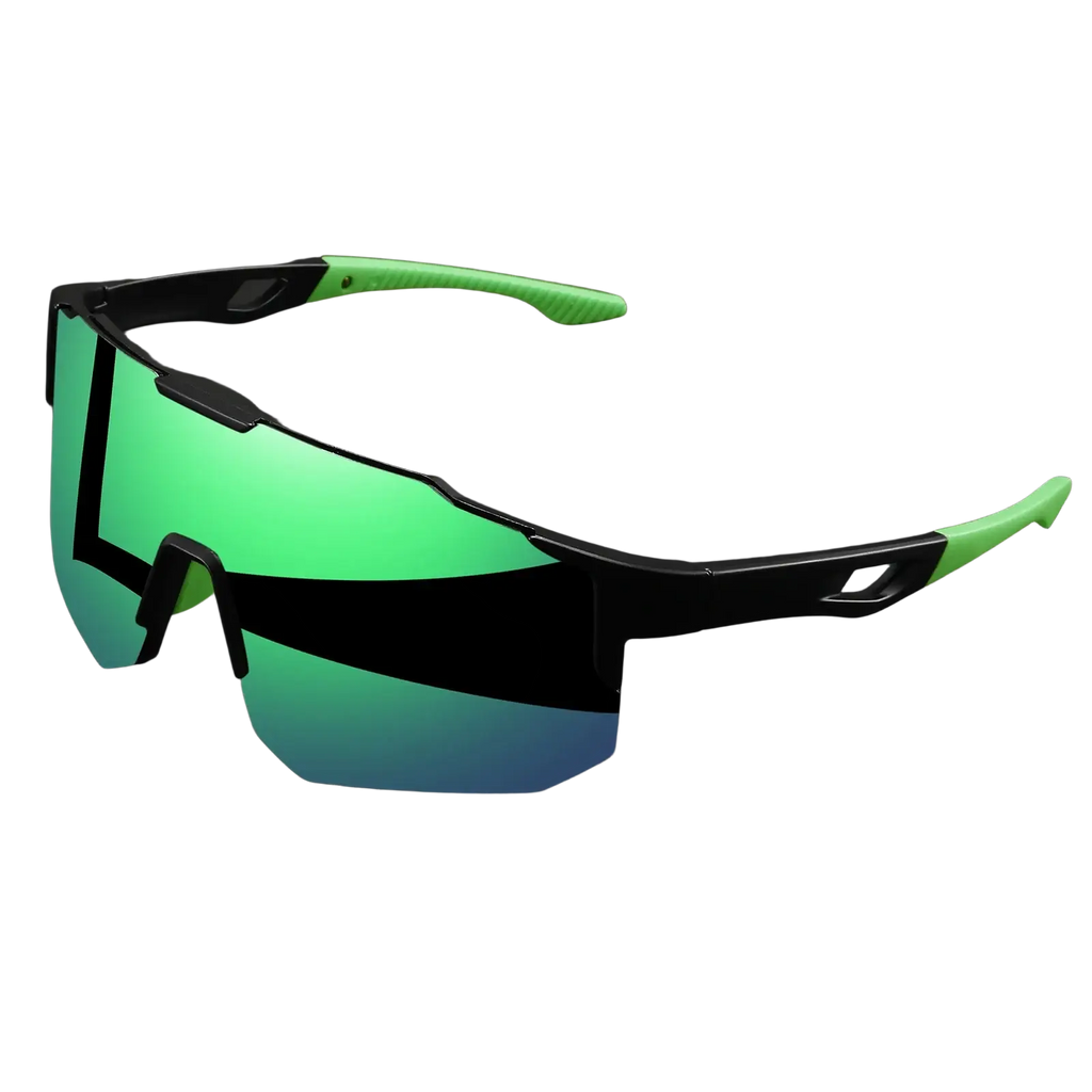 Oversized wraparound design sports sunglasses with black and neon green frame and reflective gradient lenses for unisex comfort fit