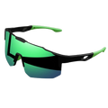 Oversized wraparound design sports sunglasses with black and neon green frame and reflective gradient lenses for unisex comfort fit