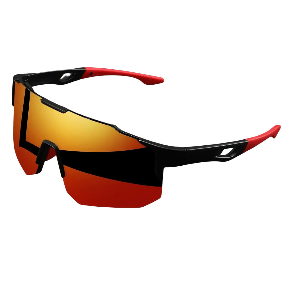 Oversized wraparound sports sunglasses uv400 with black and red frame and gradient orange to red mirrored lens unisex comfort fit