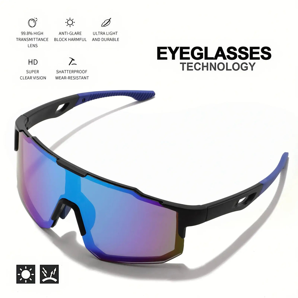Oversized wraparound sports sunglasses with blue and black frame and gradient mirrored lenses for unisex comfort fit