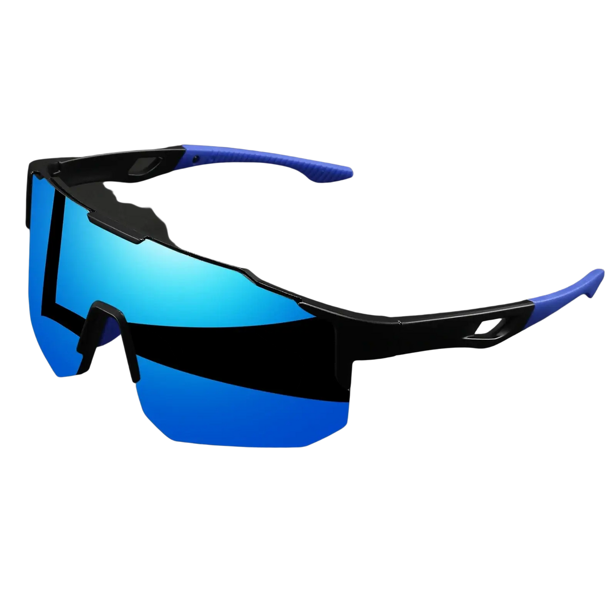 Oversized wraparound sports sunglasses with blue mirrored lenses black frames and blue temple accents for unisex comfort fit
