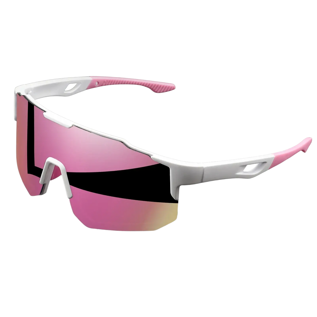 Oversized wraparound sports sunglasses with pink and white frame and gradient mirrored lenses for unisex comfort fit