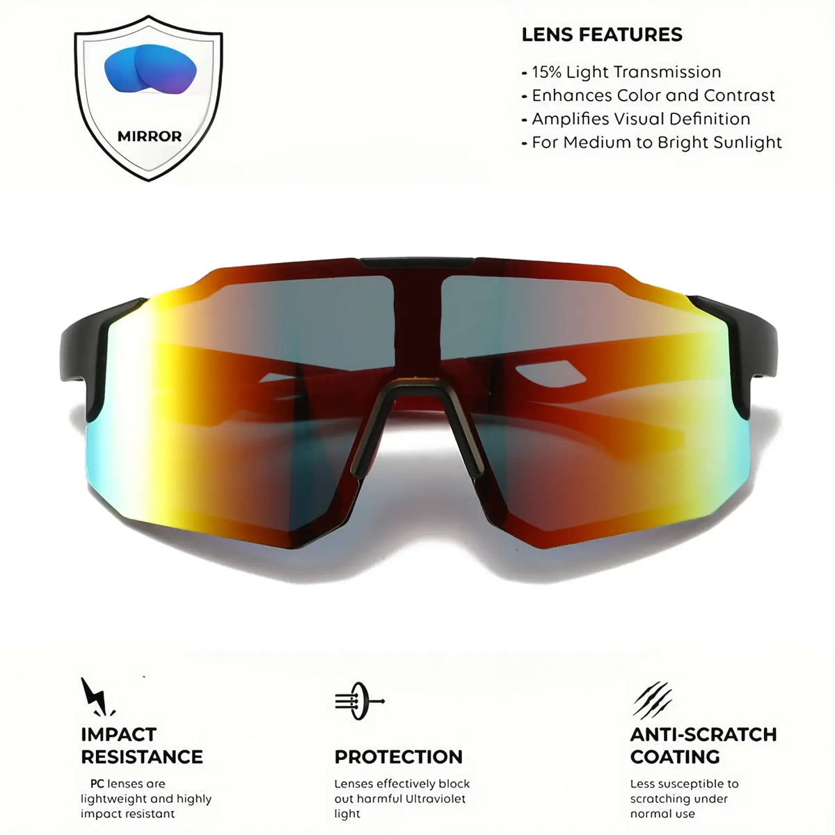Oversized wraparound sports sunglasses with sleek black frame, gradient orange to blue lenses, and unisex comfort fit