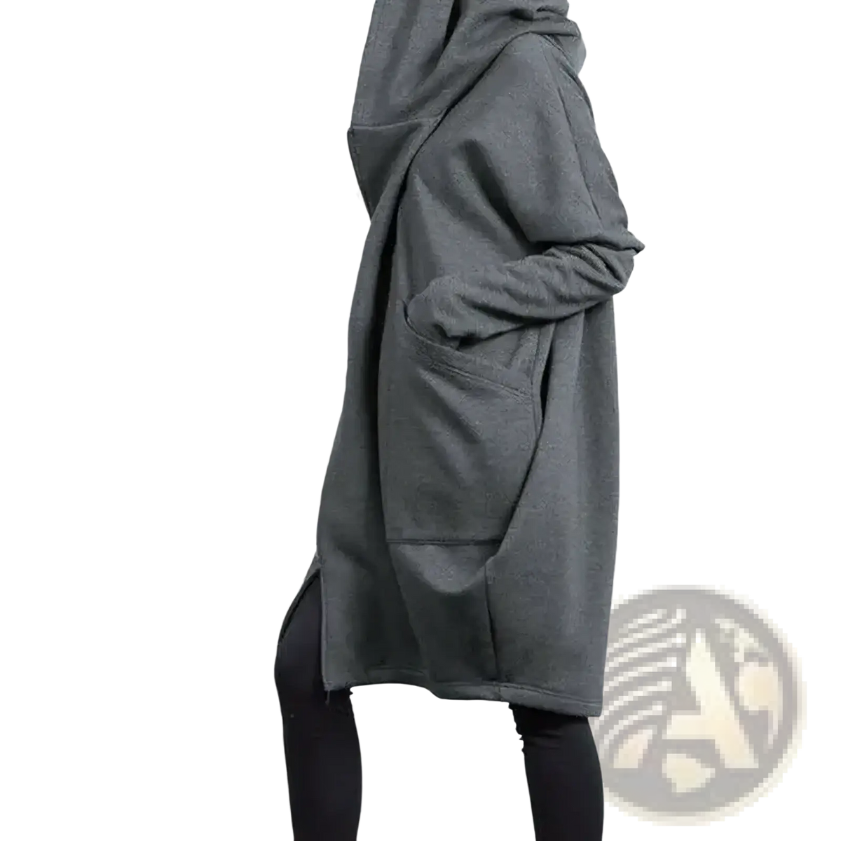A dark gray oversized zip up hooded sweatshirt with a relaxed fit and large front pockets for casual wear