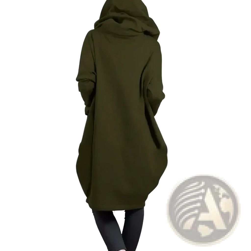 Olive green oversized zip up hooded sweatshirt with loose flowing silhouette and long sleeves made of soft fabric