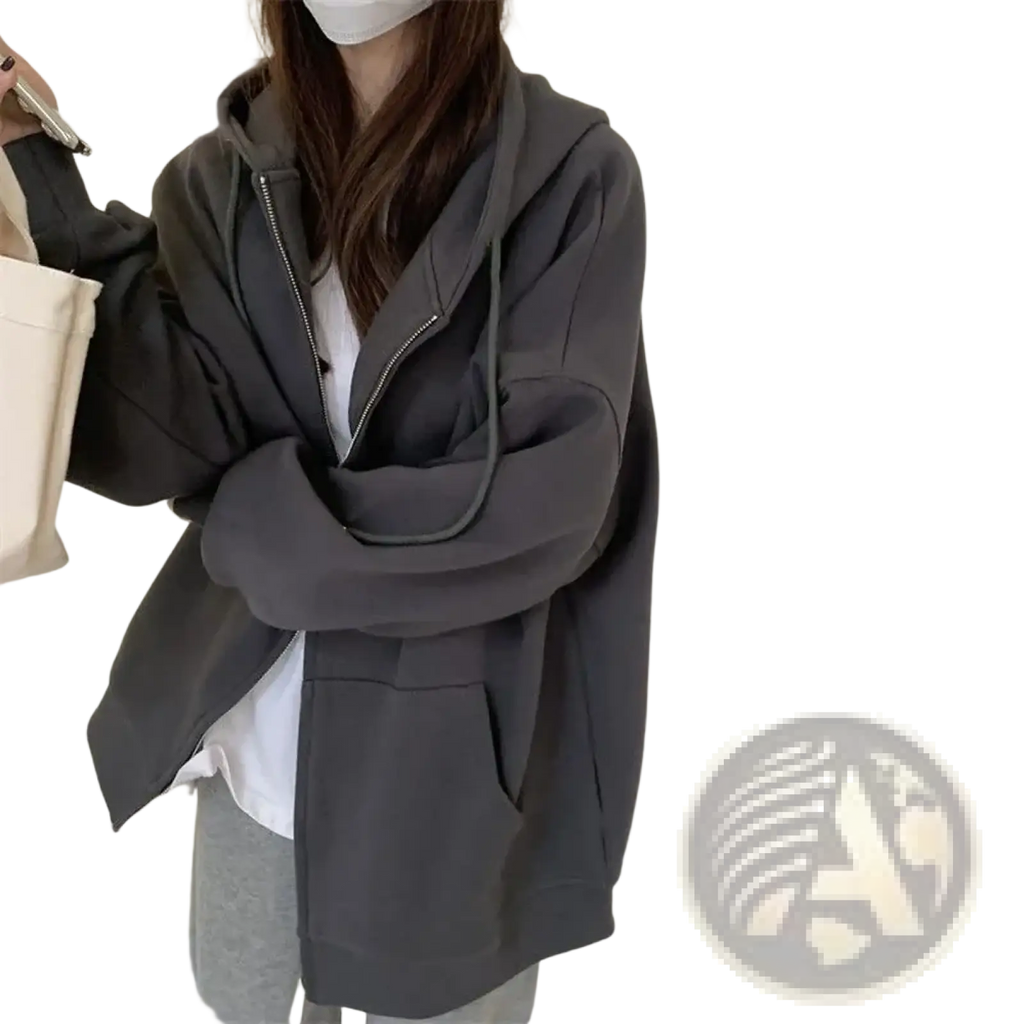 Dark gray oversized zip up hoodie for women with relaxed fit front pockets and solid fleece material