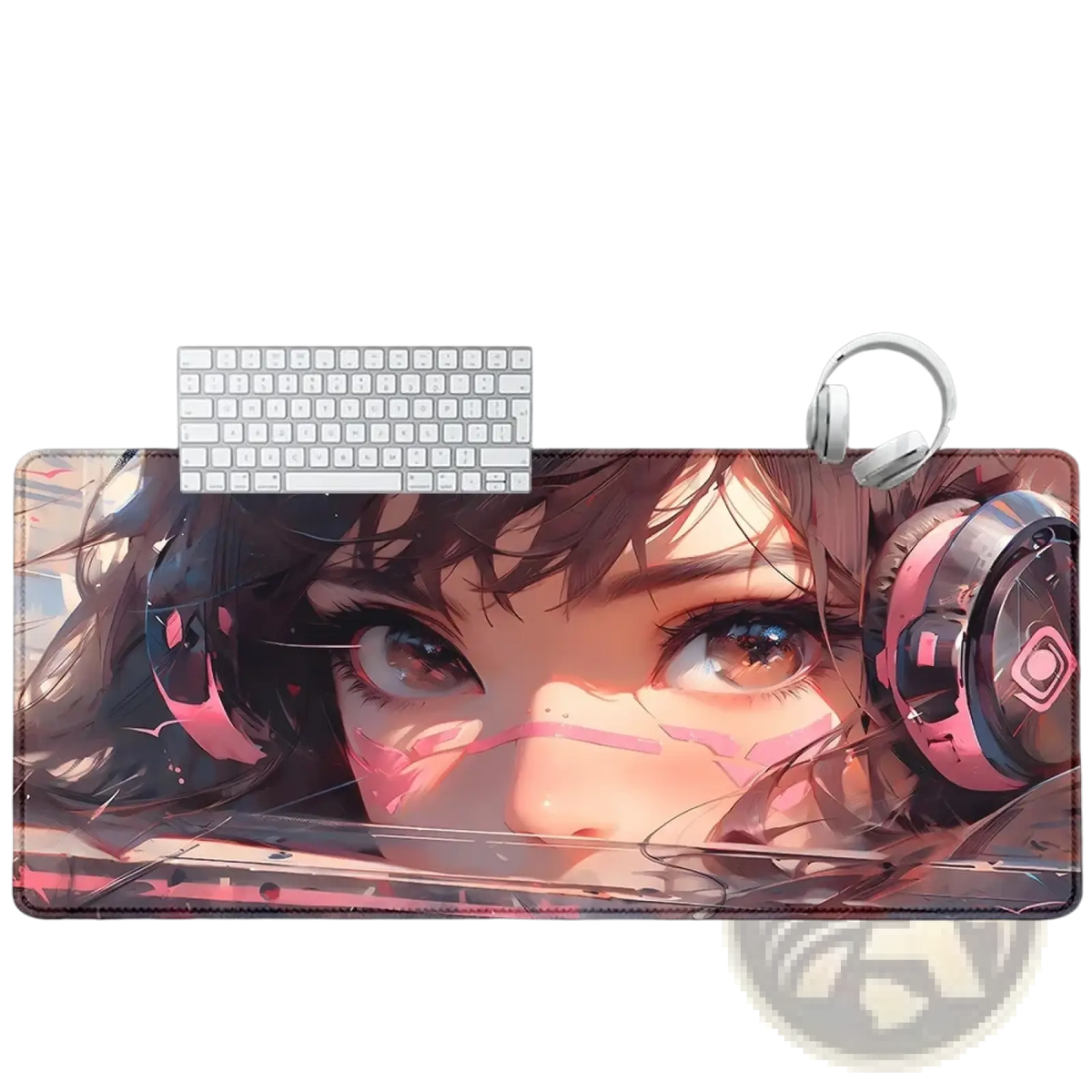 Rectangular overwatch dva anime gaming mouse pad xxl with brown eyed girl in pink headphones on natural rubber surface
