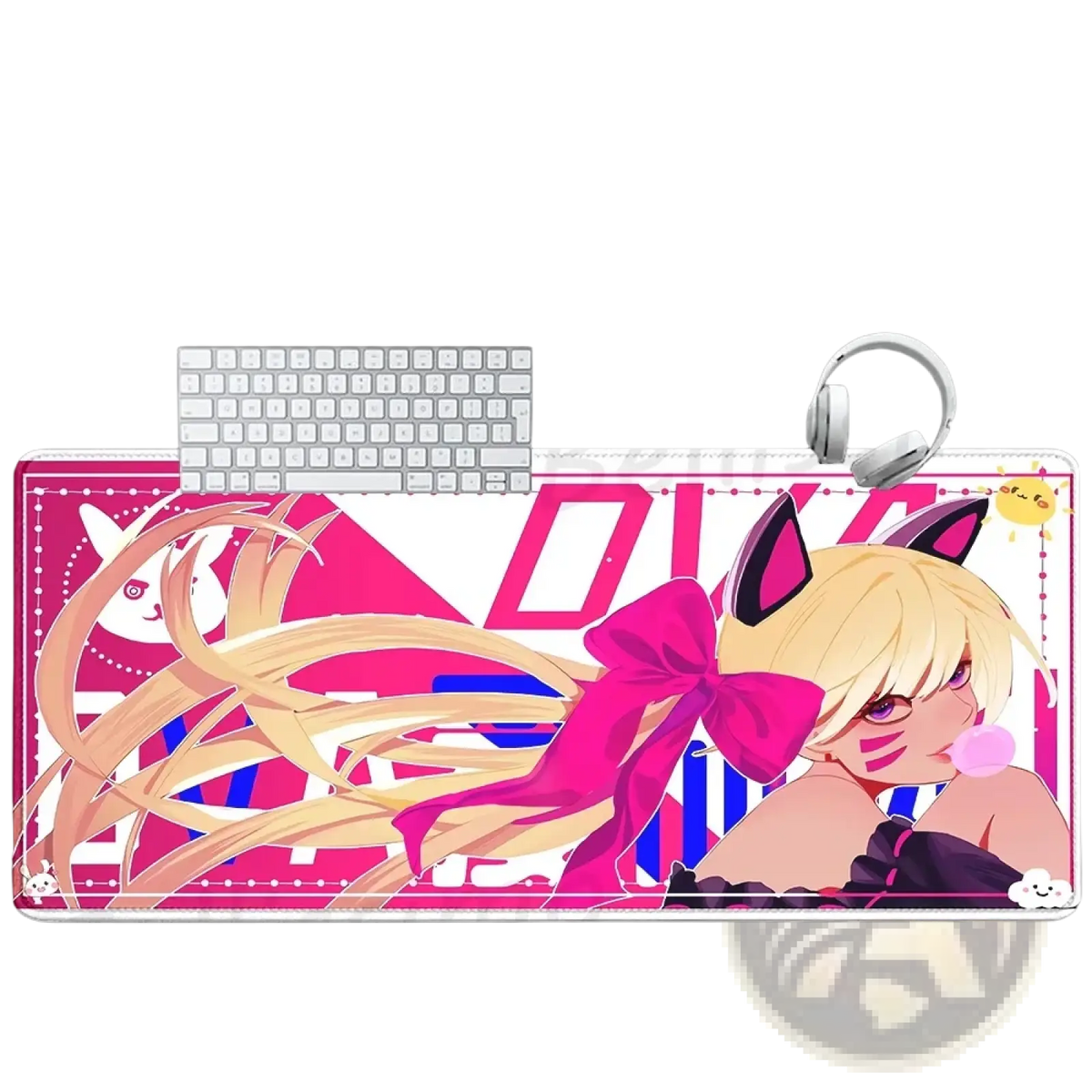 Overwatch Dva anime gaming mouse pad XXL featuring pink and white color with cat ear character and geometric patterns