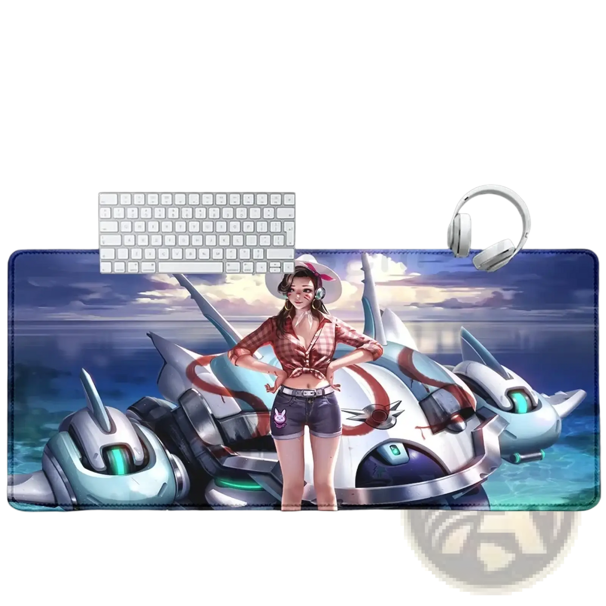 A large rectangular Overwatch Dva anime gaming mouse pad xxl with vibrant illustration of a girl and futuristic robots