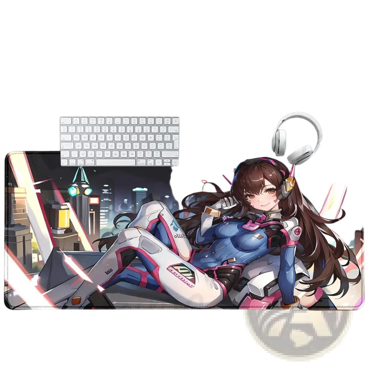 Blue and pink armored anime character overwatch dva xxl gaming mouse pad with cityscape background for pc use
