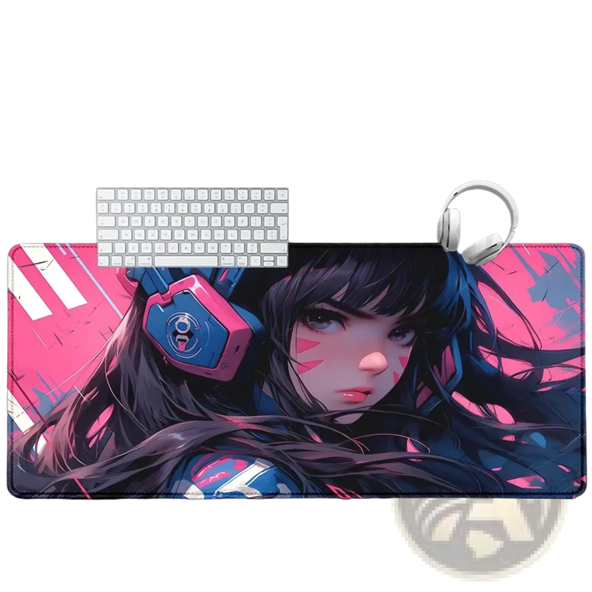 Overwatch Dva anime gaming mouse pad XXL with vibrant pink and blue design featuring character with headphones
