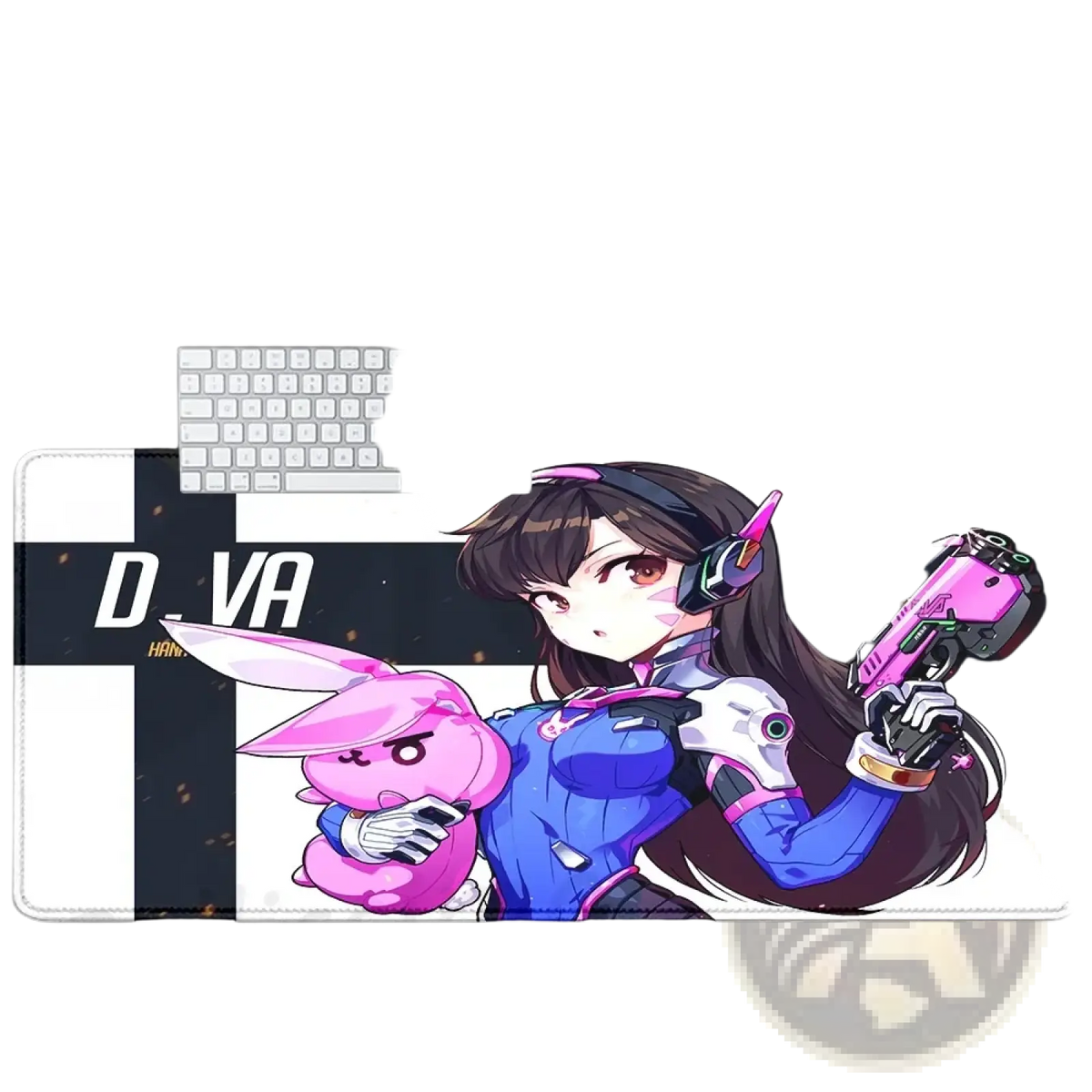 Blue and pink Overwatch Dva anime gaming mouse pad XXL featuring futuristic armored character with bunny companion