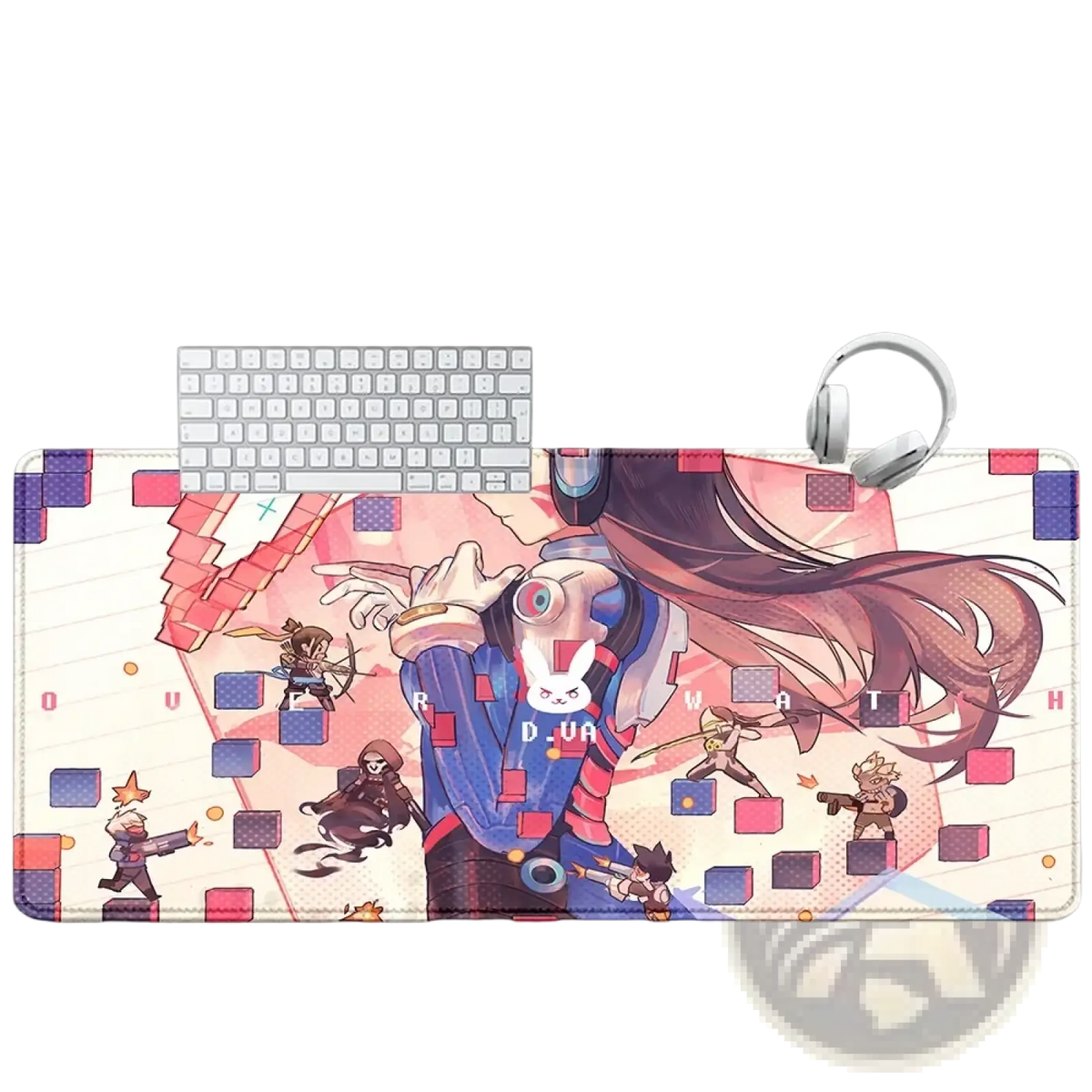 A vibrant overwatch dva anime gaming mouse pad xxl with detailed characters and geometric patterns on a light background