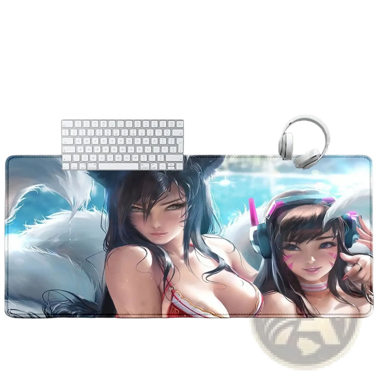 A large rectangular overwatch dva anime gaming mouse pad xxl with vibrant blue sky and two winged characters design