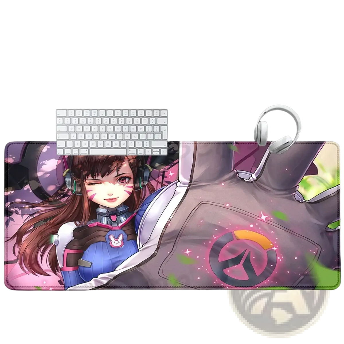 A vibrant overwatch dva anime gaming mouse pad xxl in blue and pink with glowing sparkles on natural rubber non-slip surface