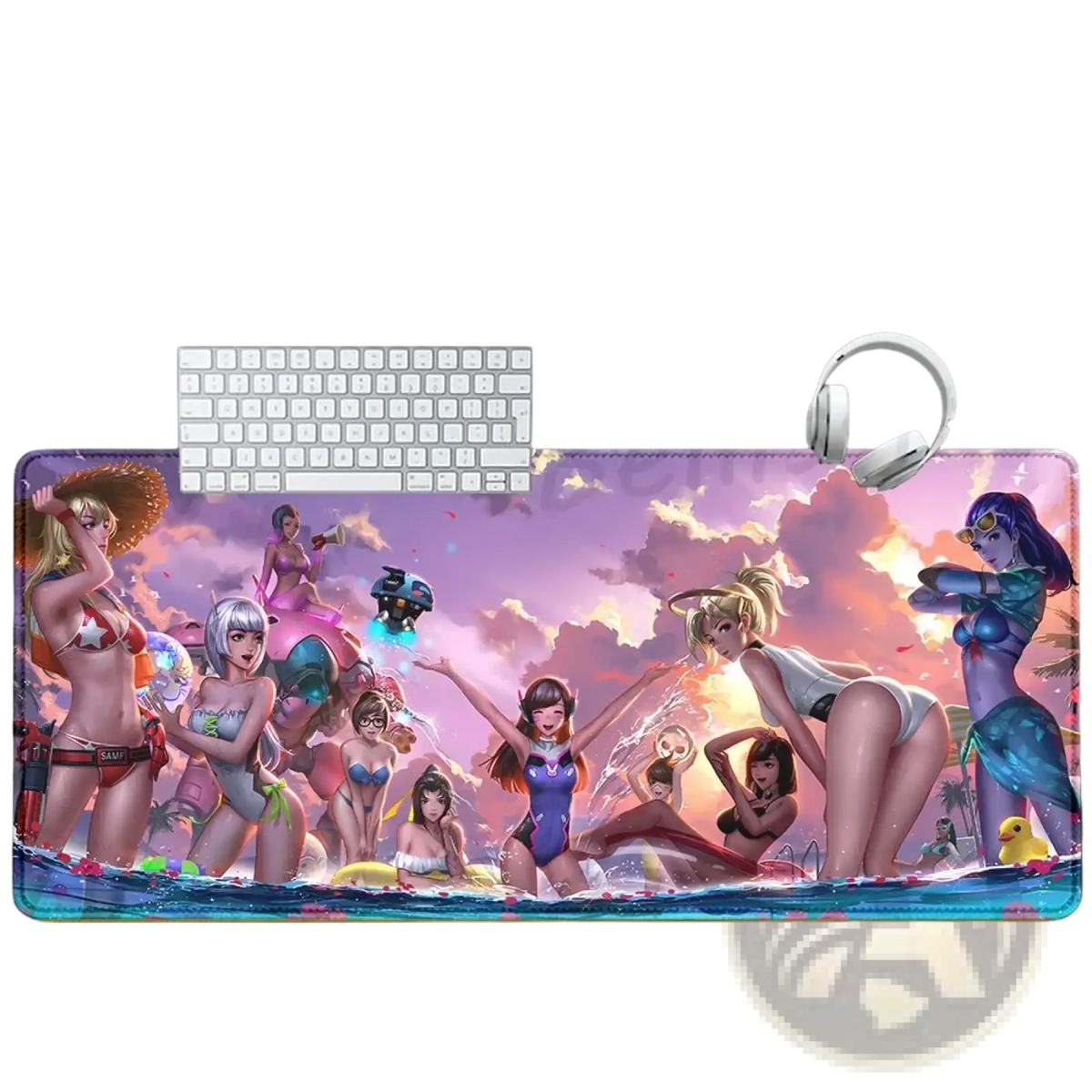 Overwatch Dva anime gaming mouse pad xxl with vibrant beach party design on large natural rubber non-slip surface