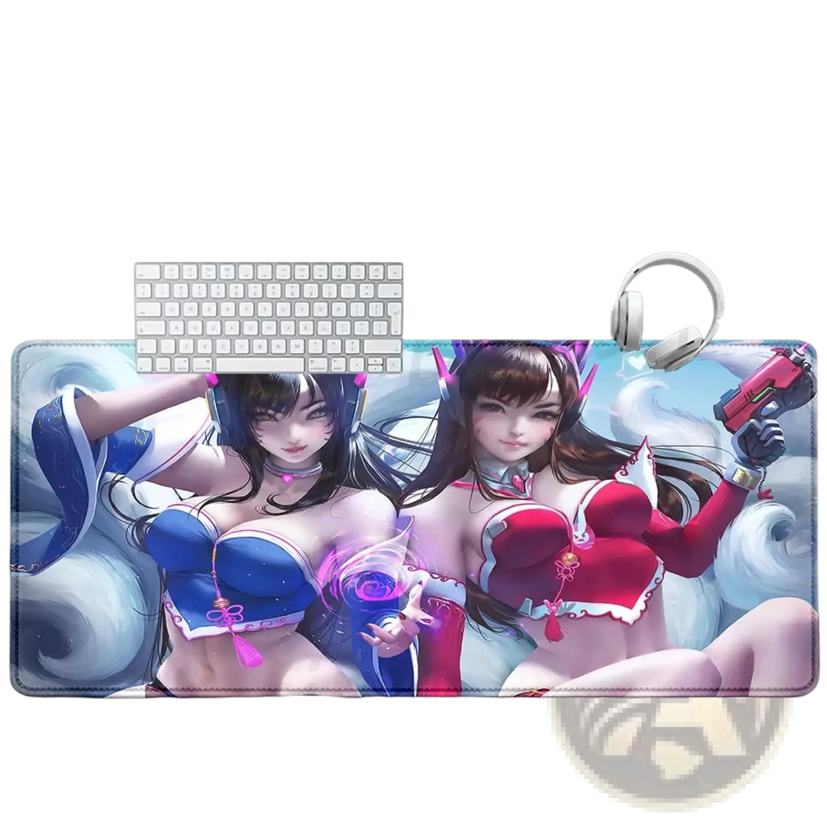 Overwatch Dva anime gaming mouse pad xxl featuring vibrant blue and red anime characters with magical cloud effects
