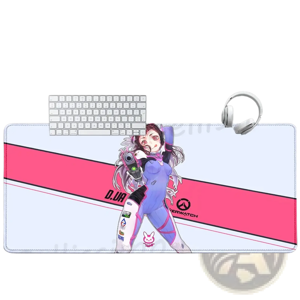 A large rectangular overwatch dva anime gaming mouse pad xxl with vibrant pink light blue design and purple white suit