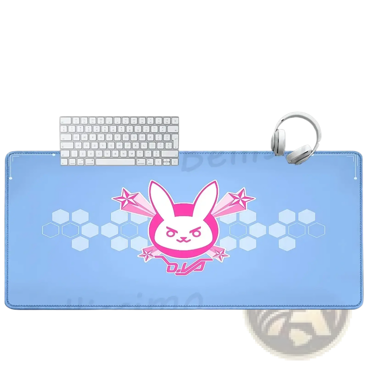 Light blue rectangular Overwatch Dva anime gaming mouse pad with pink cartoon rabbit hexagonal pattern natural rubber material