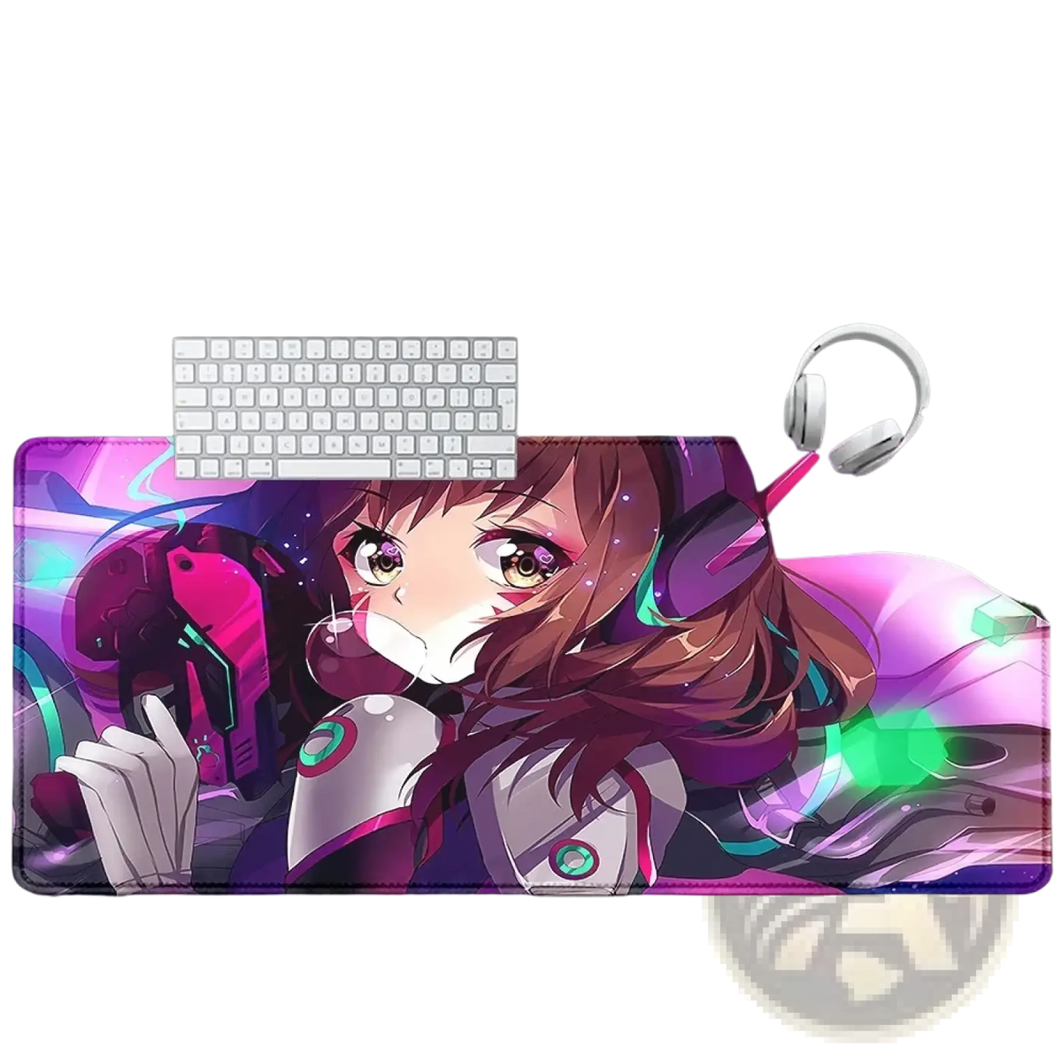 Vibrant purple and pink overwatch dva anime gaming mouse pad xxl with detailed futuristic armor character illustration