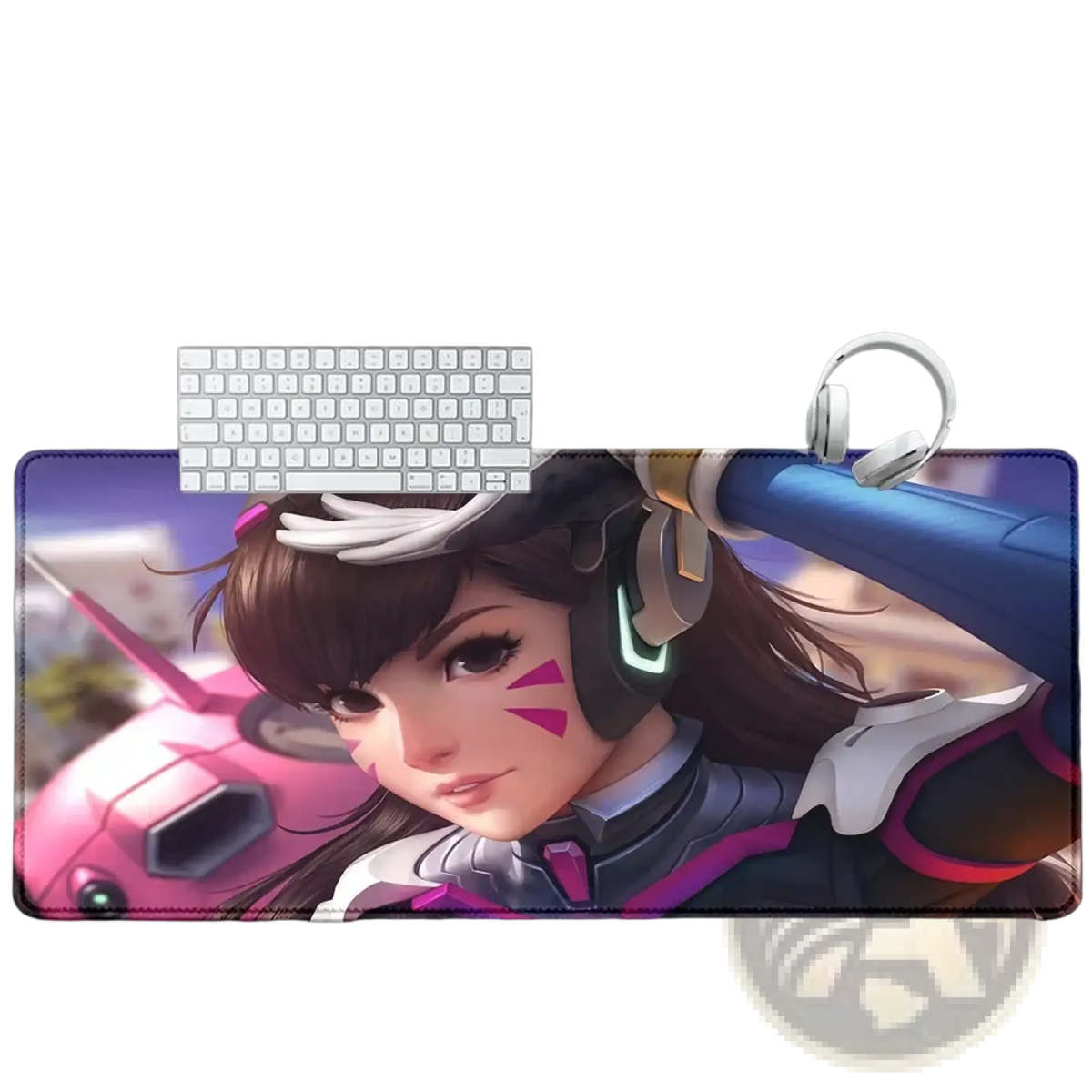 A vibrant overwatch Dva anime gaming mouse pad xxl with detailed pink and purple racing suit illustration