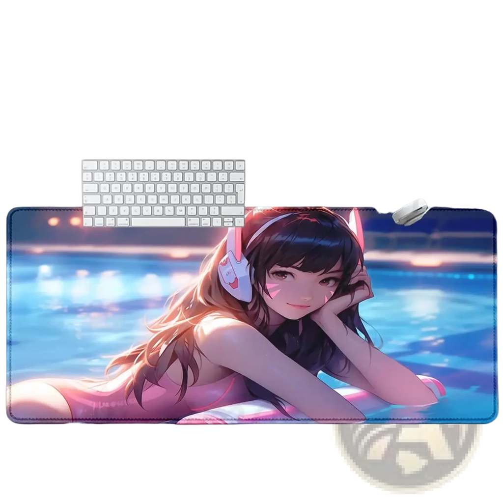 Large rectangular overwatch dva anime gaming mouse pad xxl with vibrant girl illustration in pink headphones and swimsuit
