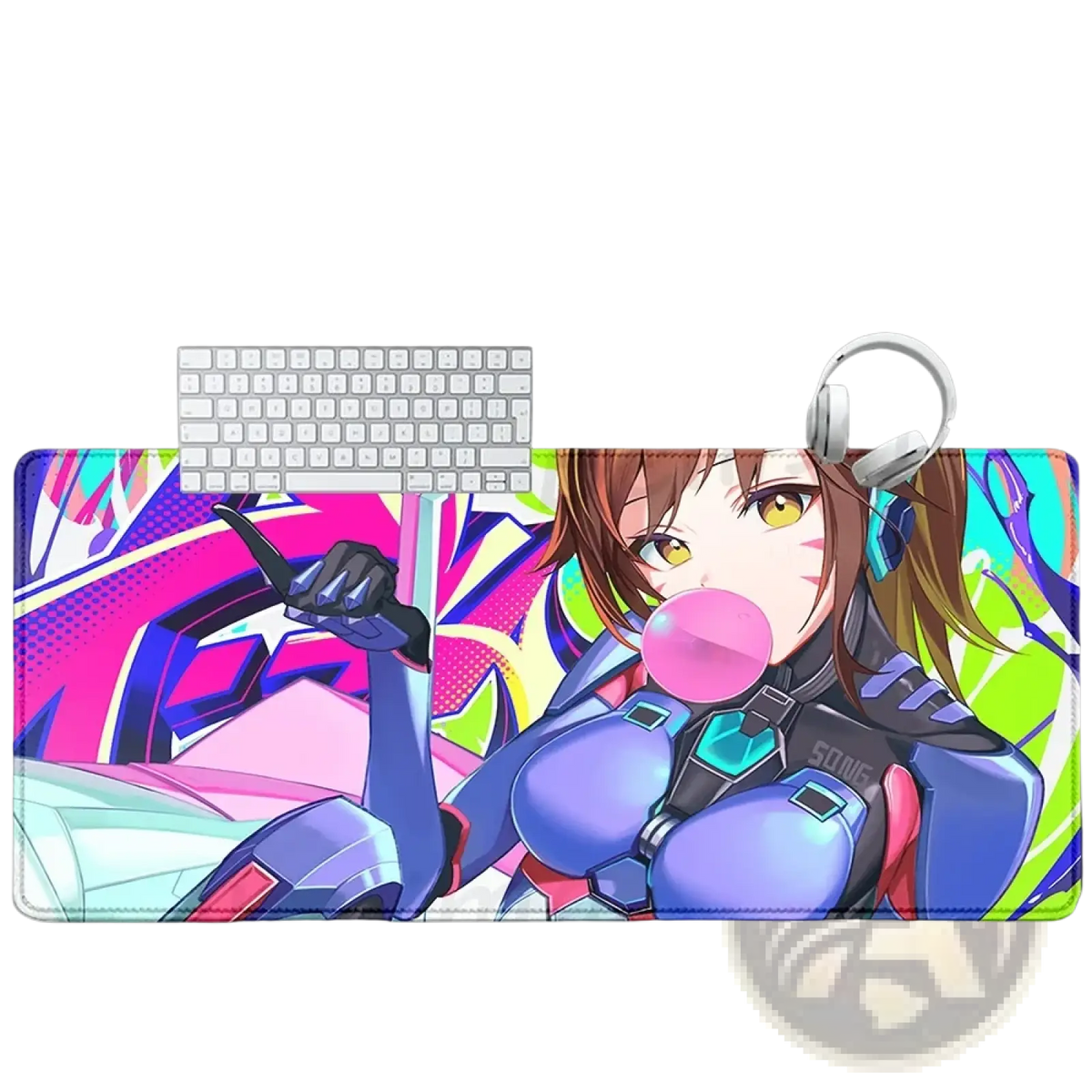 Overwatch Dva anime gaming mouse pad xxl with vibrant blue and purple armor character blowing pink bubblegum