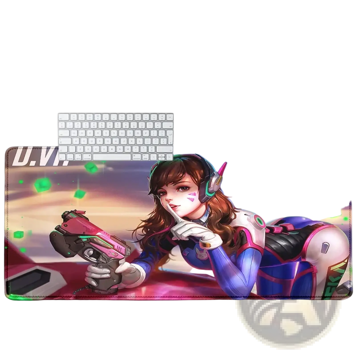 Overwatch Dva anime gaming mouse pad xxl with vibrant blue and pink d.va illustration holding a futuristic weapon