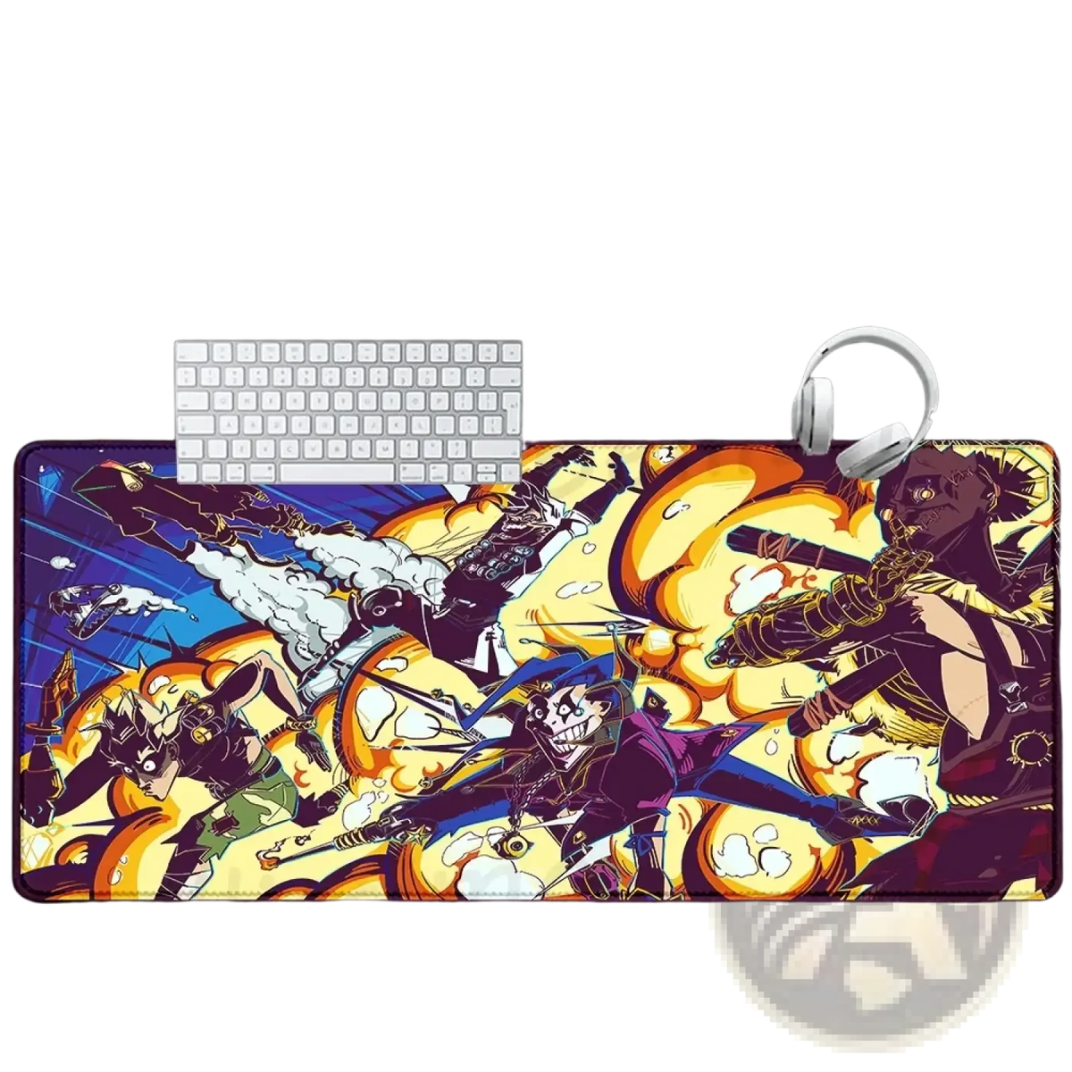 Vibrant overwatch Dva anime gaming mouse pad XXL with purple yellow black characters on natural rubber non-slip surface