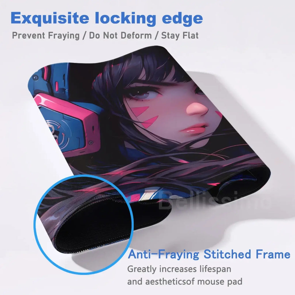 Black and pink overwatch Dva anime gaming mouse pad XXL with stitched edge design for enhanced durability and smooth surface