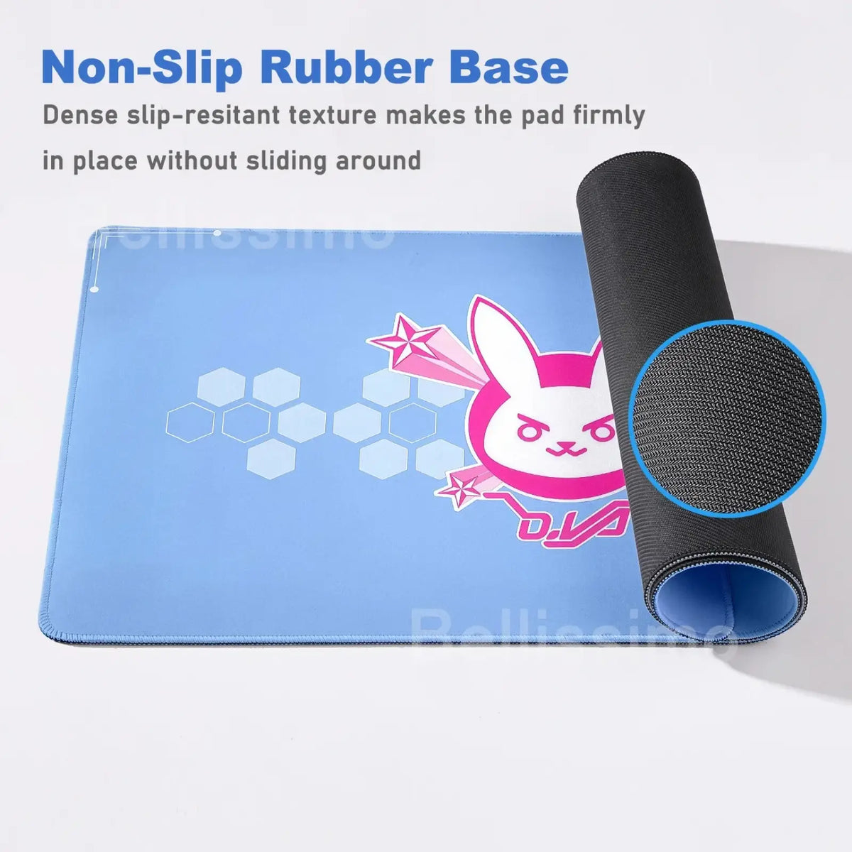 Overwatch Dva anime gaming mouse pad xxl blue with pink cartoon rabbit and hexagonal patterns non-slip rubber base